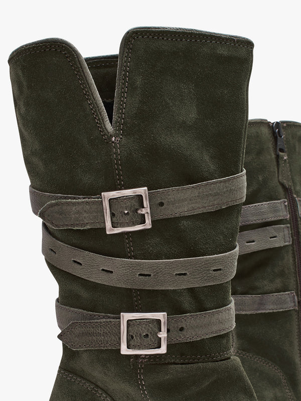 Brendie Khaki Suede Block Heel Calf Boots