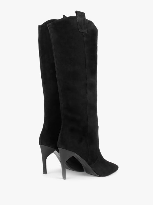 Feeha Black Suede Elegant Western Knee Boots