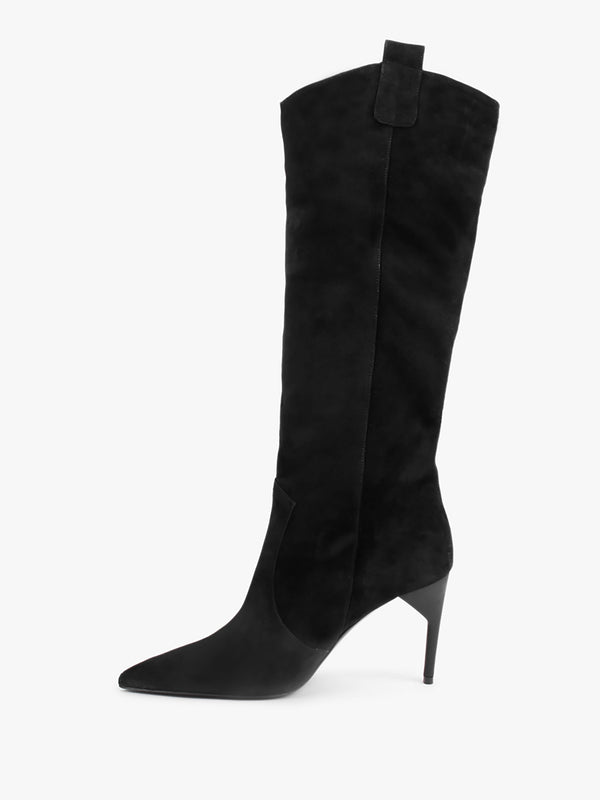 Feeha Black Suede Elegant Western Knee Boots
