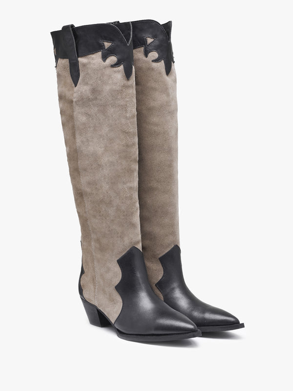 Bandana Taupe Suede & Leather Western Knee Boots