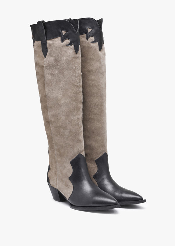 Bandana Taupe Suede & Leather Western Knee Boots