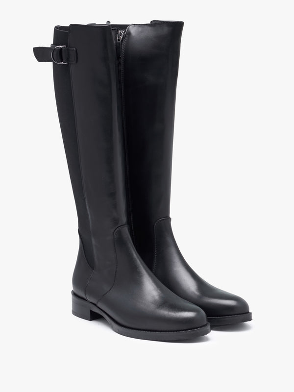 Gianna Black Leather Elastic Back Knee Boots