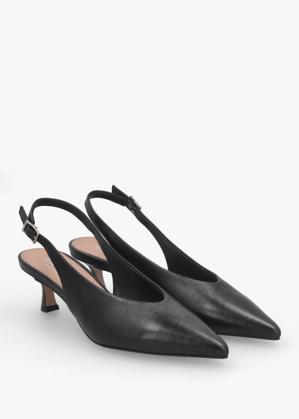 Siamma Black Leather Kitten Heel Sling Backs