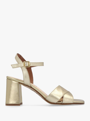 Lare Gold Leather Asymmetric Block Heel Sandals
