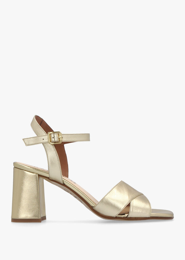 Lare Gold Leather Asymmetric Block Heel Sandals