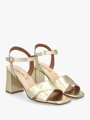 Lare Gold Leather Asymmetric Block Heel Sandals