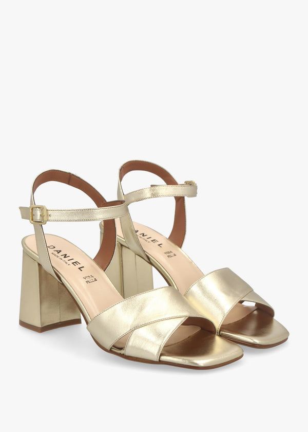 Lare Gold Leather Asymmetric Block Heel Sandals