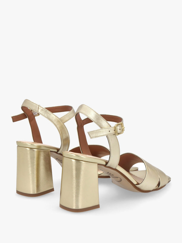 Lare Gold Leather Asymmetric Block Heel Sandals