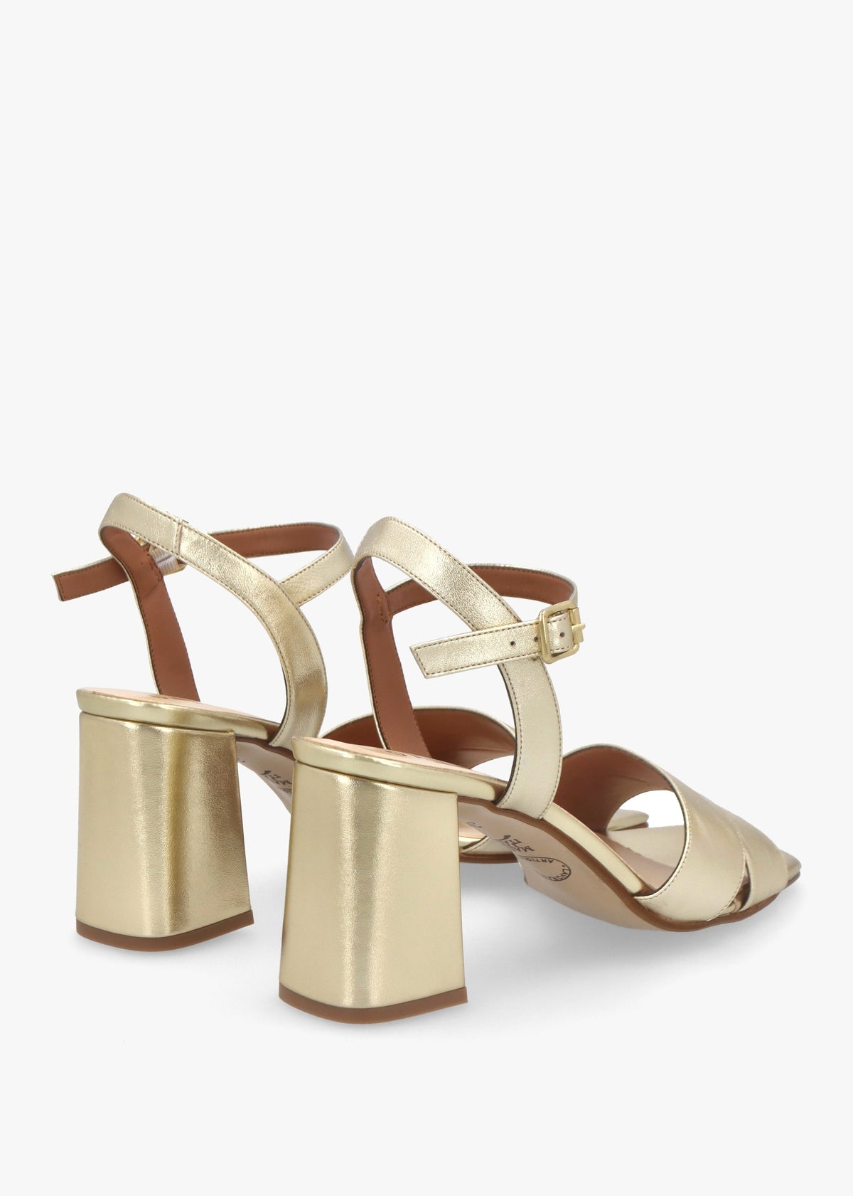 Lare Gold Leather Asymmetric Block Heel Sandals