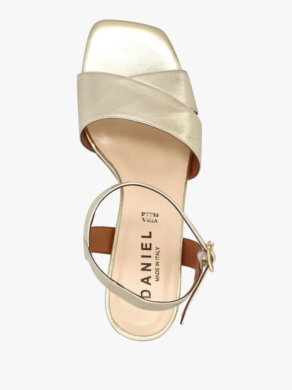 Lare Gold Leather Asymmetric Block Heel Sandals
