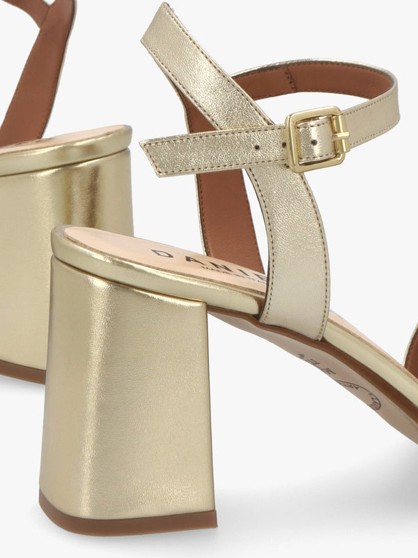 Lare Gold Leather Asymmetric Block Heel Sandals