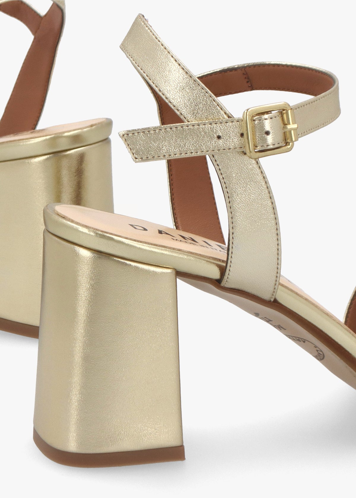 Lare Gold Leather Asymmetric Block Heel Sandals