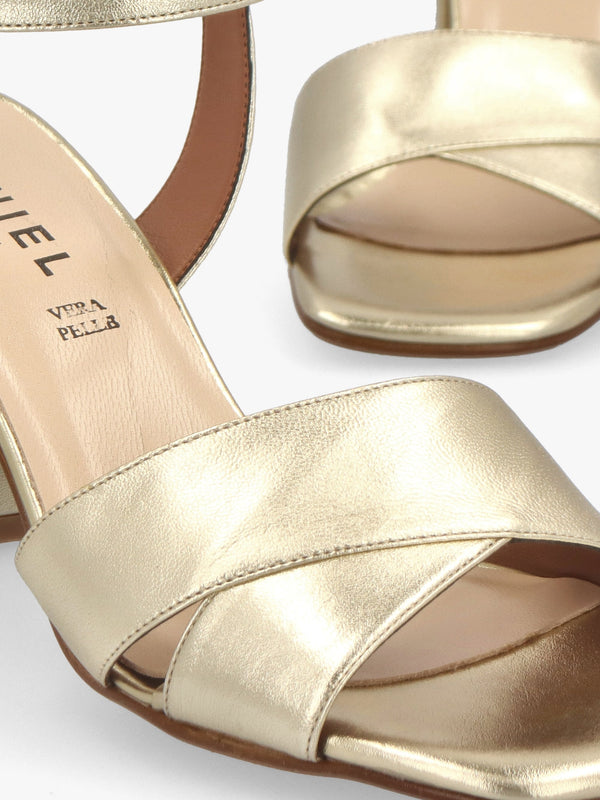 Lare Gold Leather Asymmetric Block Heel Sandals