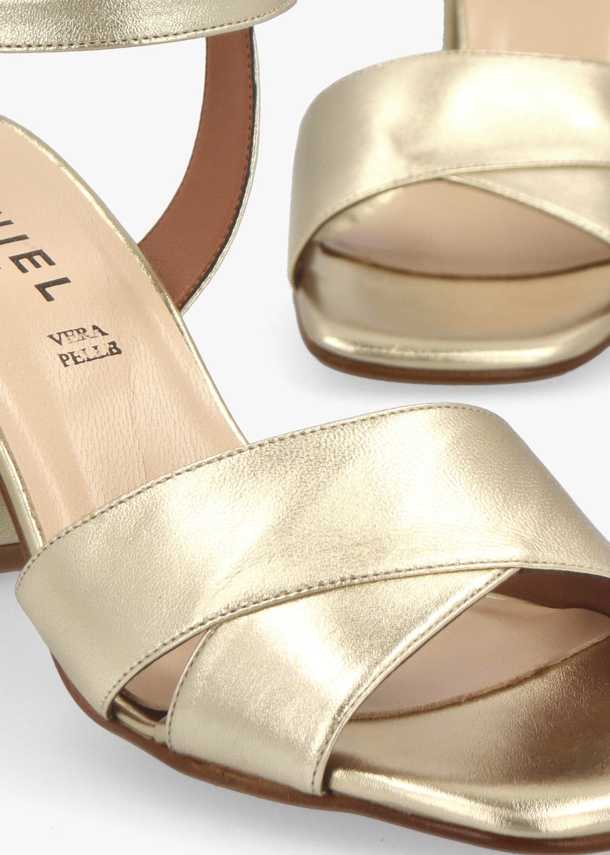 Lare Gold Leather Asymmetric Block Heel Sandals