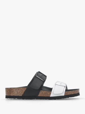 Imule Split Black & White Leather Two Bar Mules