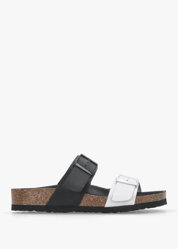 Imule Split Black & White Leather Two Bar Mules