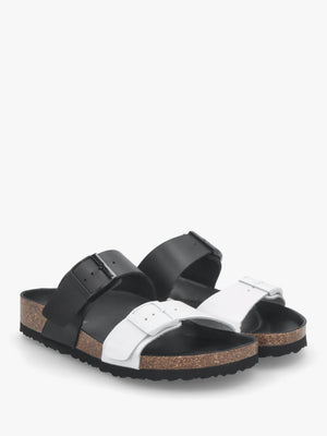 Imule Split Black & White Leather Two Bar Mules