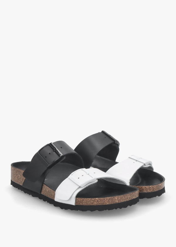 Imule Split Black & White Leather Two Bar Mules