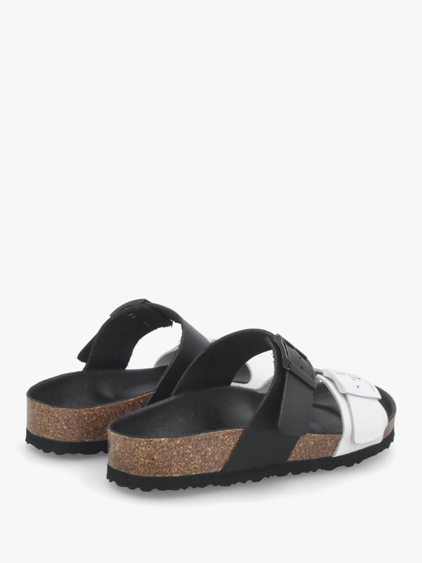 Imule Split Black & White Leather Two Bar Mules