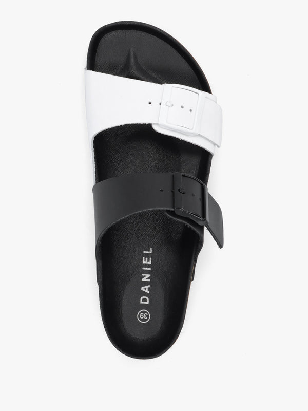 Imule Split Black & White Leather Two Bar Mules