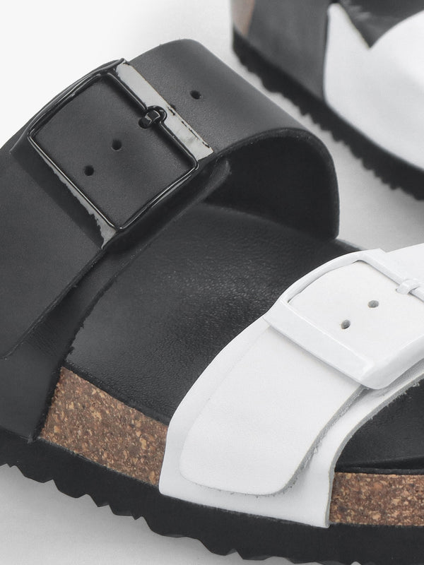 Imule Split Black & White Leather Two Bar Mules