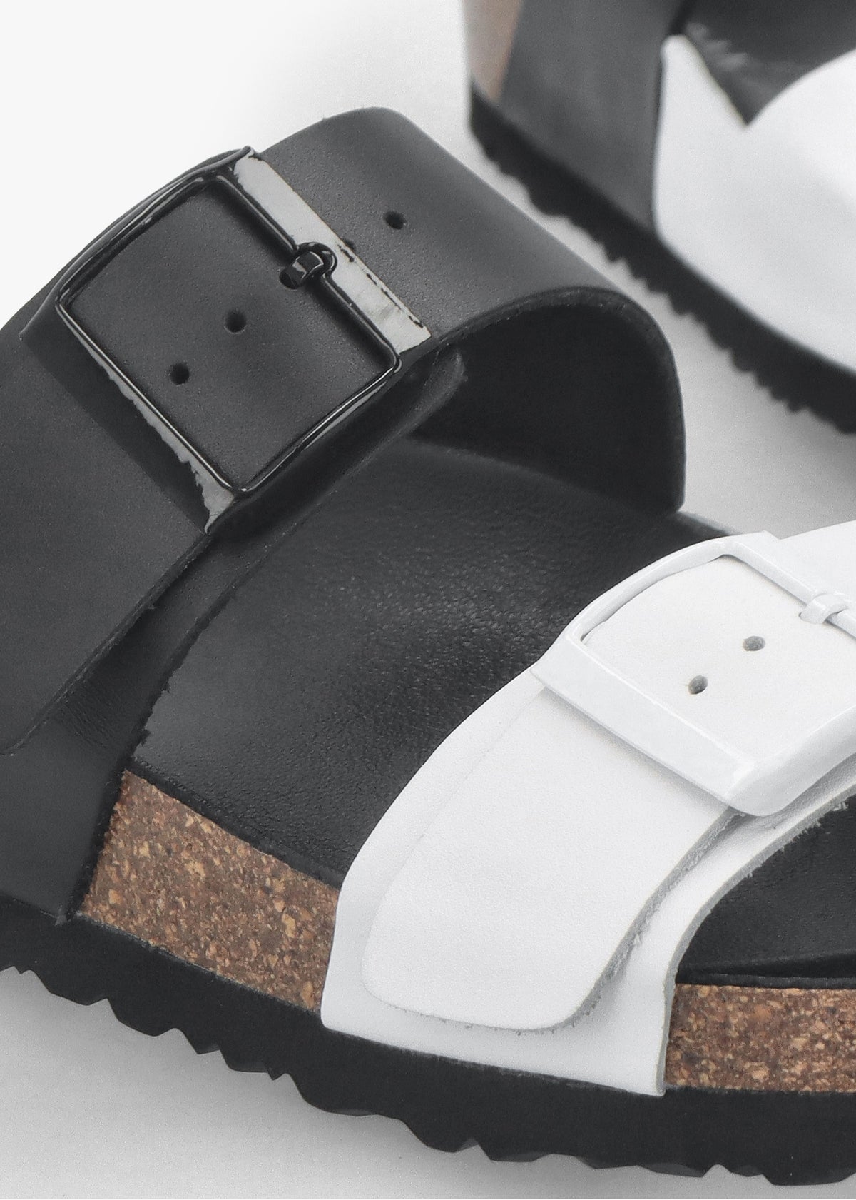 Imule Split Black & White Leather Two Bar Mules