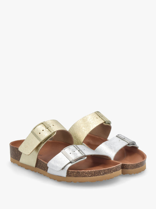 Imule Split Gold & Silver Leather Two Bar Mules