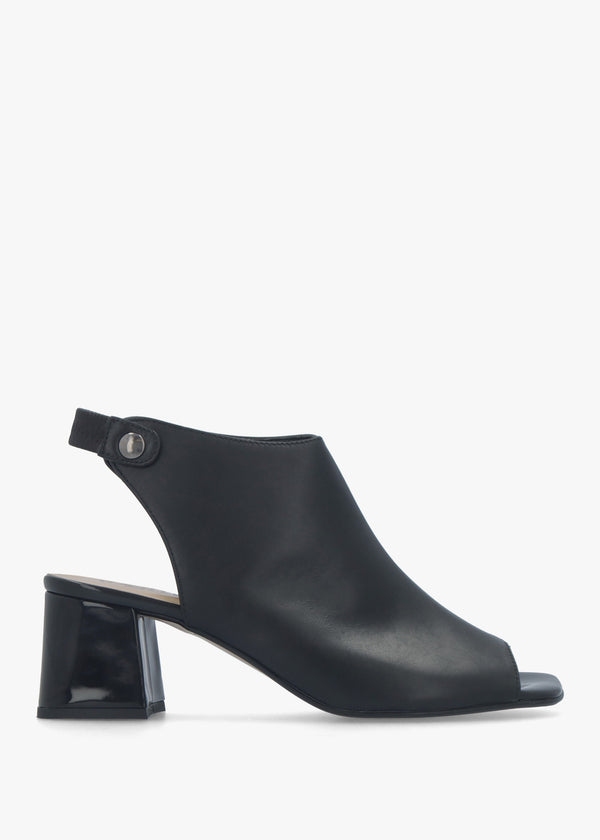 Larai Black Leather Block Heel Peep Toe Sandals