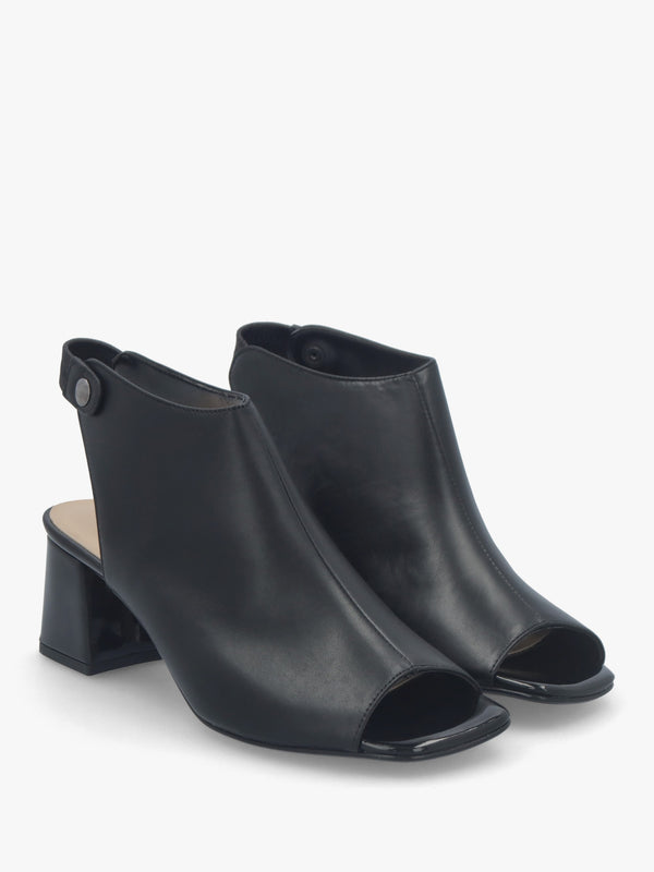 Larai Black Leather Block Heel Peep Toe Sandals