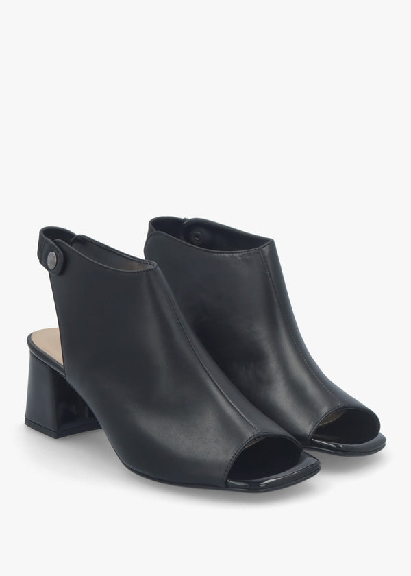 Larai Black Leather Block Heel Peep Toe Sandals