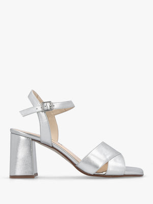 Lare Silver Leather Asymmetric Block Heel Sandals