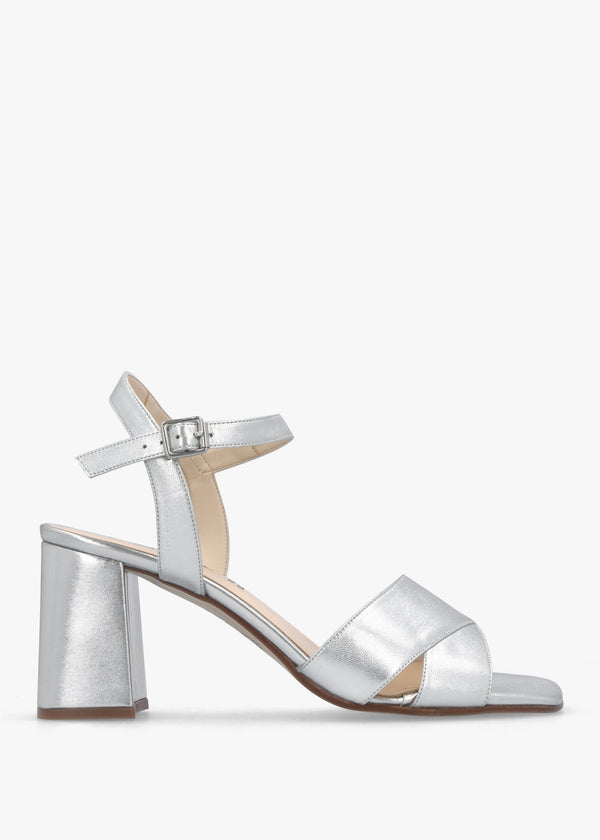 Lare Silver Leather Asymmetric Block Heel Sandals