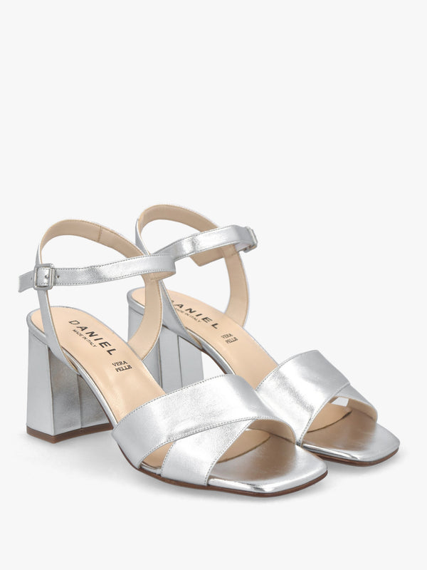 Lare Silver Leather Asymmetric Block Heel Sandals