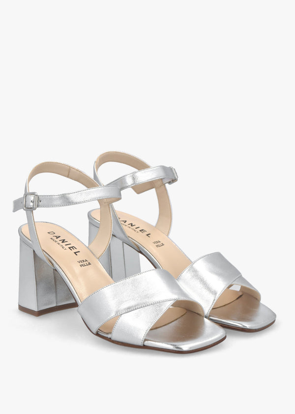 Lare Silver Leather Asymmetric Block Heel Sandals