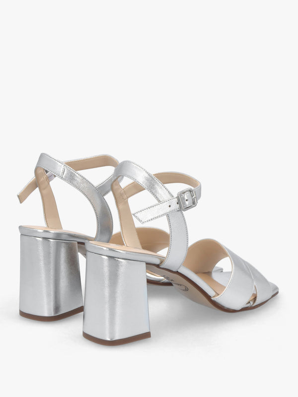 Lare Silver Leather Asymmetric Block Heel Sandals