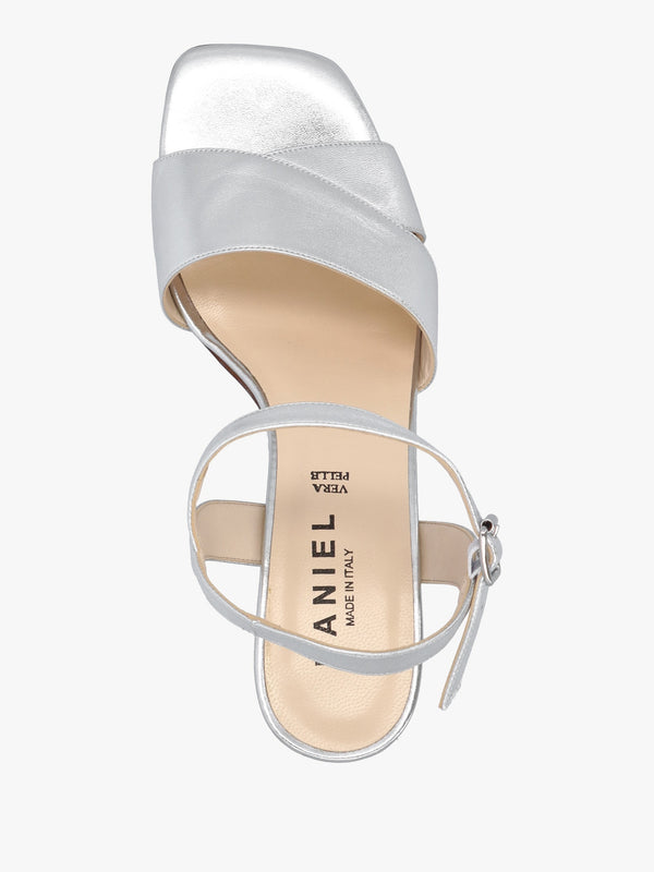Lare Silver Leather Asymmetric Block Heel Sandals