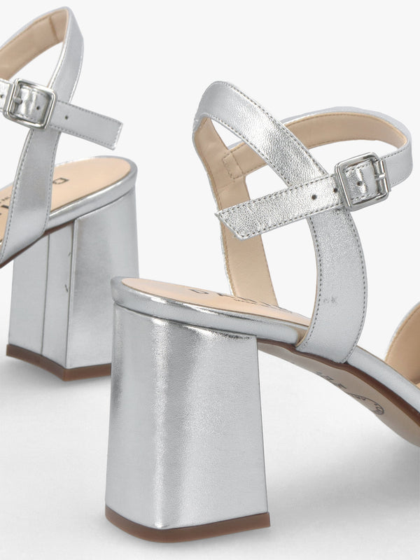 Lare Silver Leather Asymmetric Block Heel Sandals