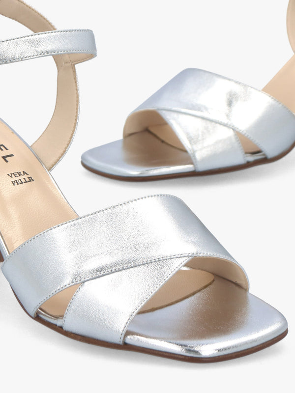 Lare Silver Leather Asymmetric Block Heel Sandals