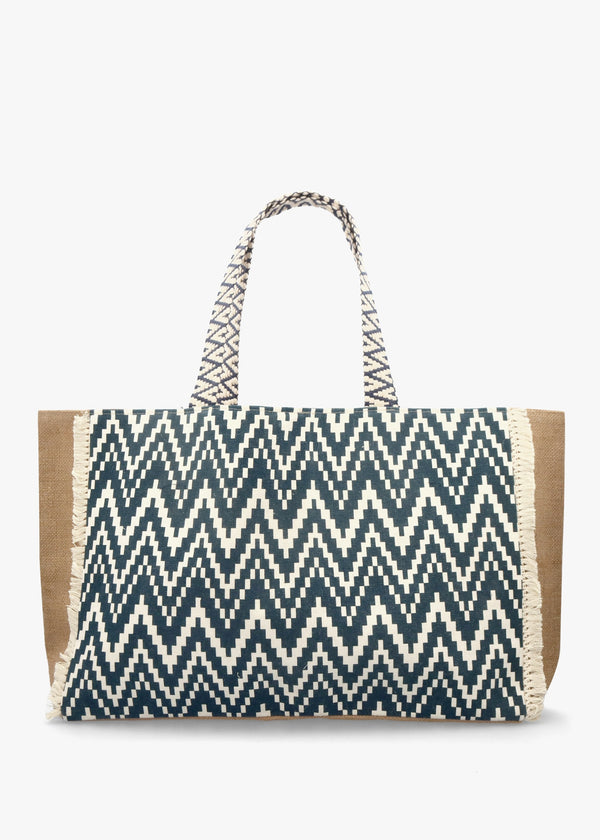 Ecru & Blue Jute Woven Shopper Bag
