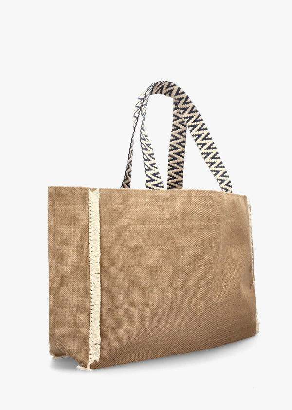 Ecru & Blue Jute Woven Shopper Bag