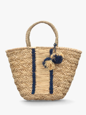 Beige & Blue Woven Straw Basket Shopper Bag