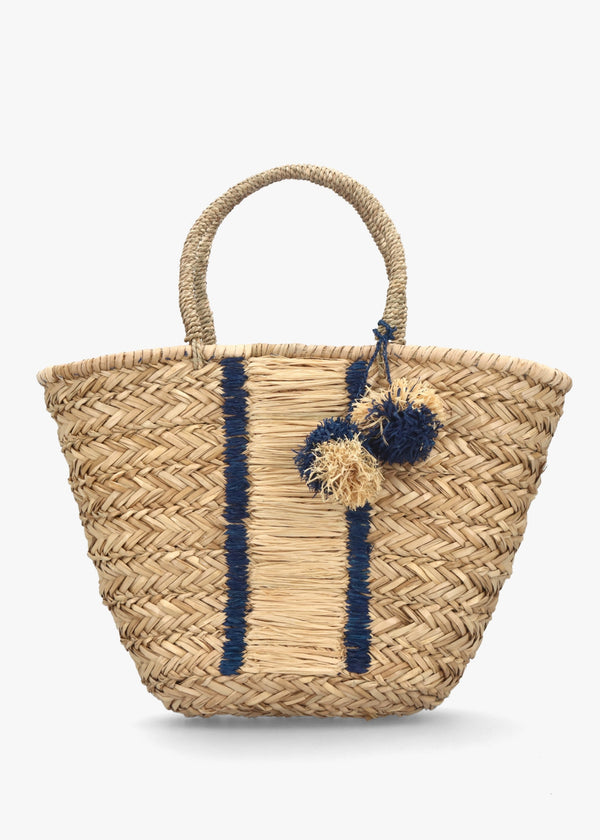 Beige & Blue Woven Straw Basket Shopper Bag