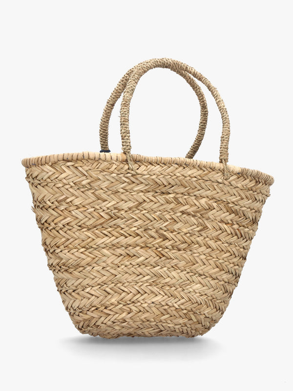 Beige & Blue Woven Straw Basket Shopper Bag