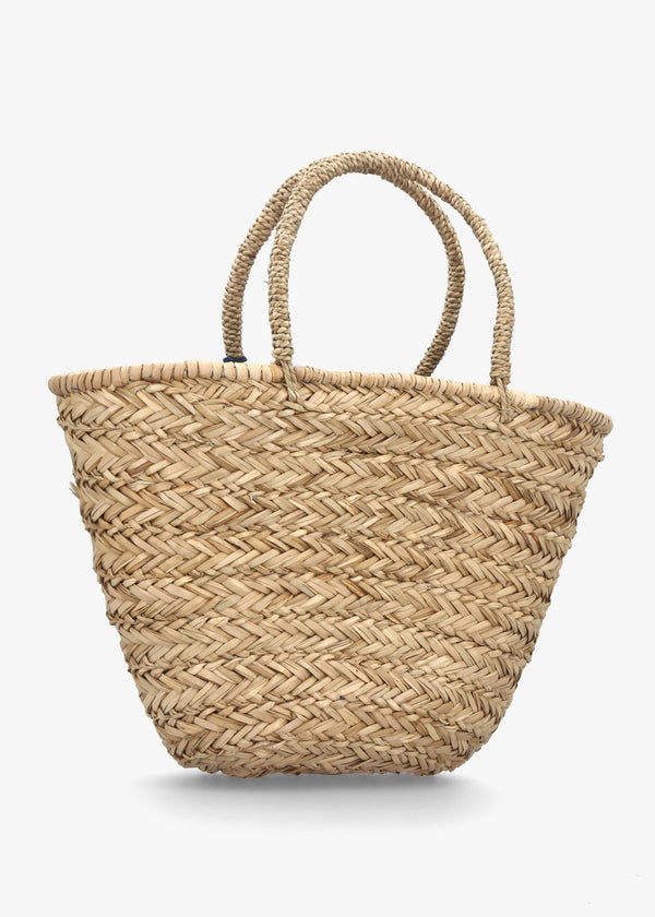Beige & Blue Woven Straw Basket Shopper Bag