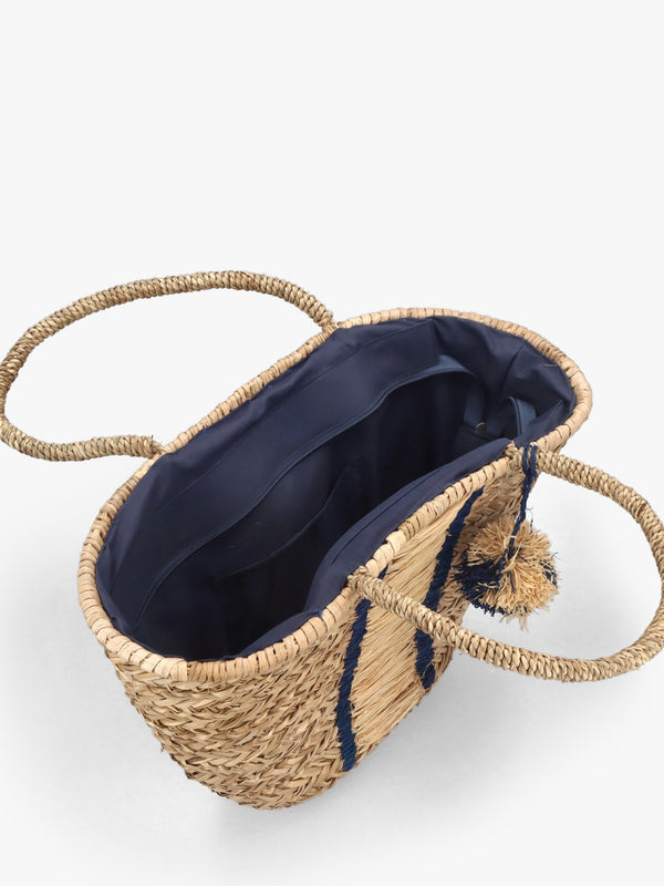 Beige & Blue Woven Straw Basket Shopper Bag