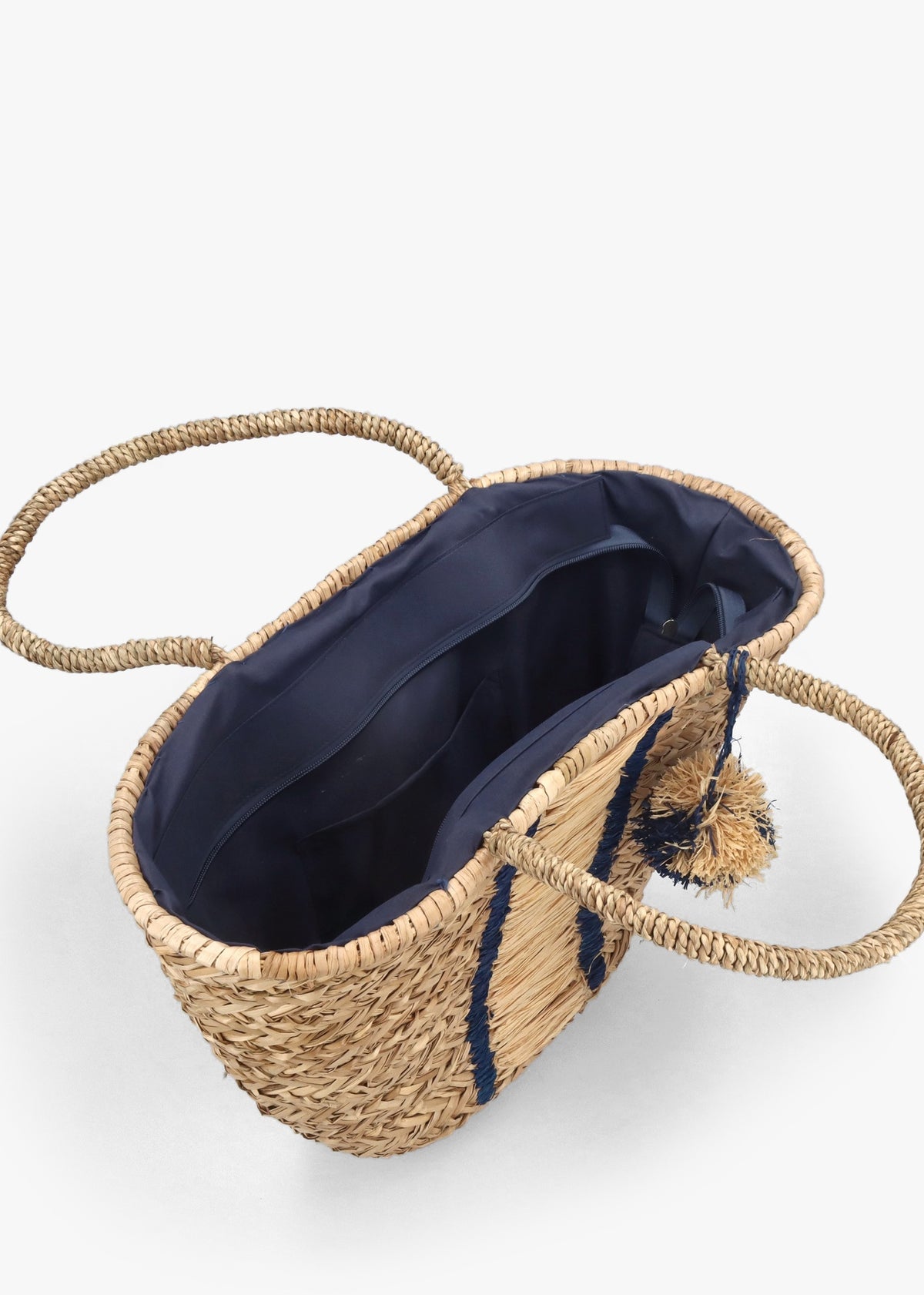 Beige & Blue Woven Straw Basket Shopper Bag