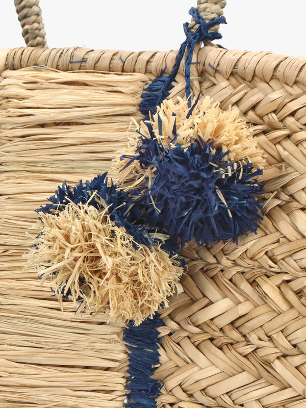 Beige & Blue Woven Straw Basket Shopper Bag