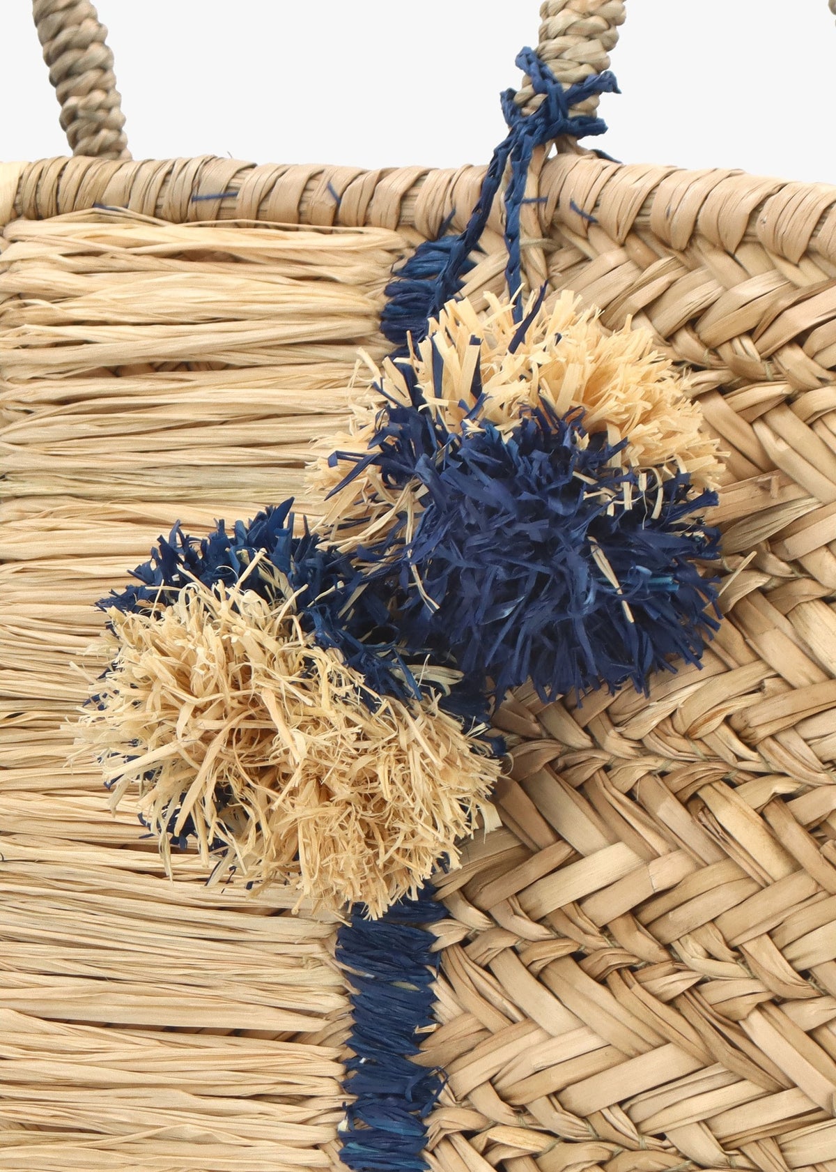 Beige & Blue Woven Straw Basket Shopper Bag