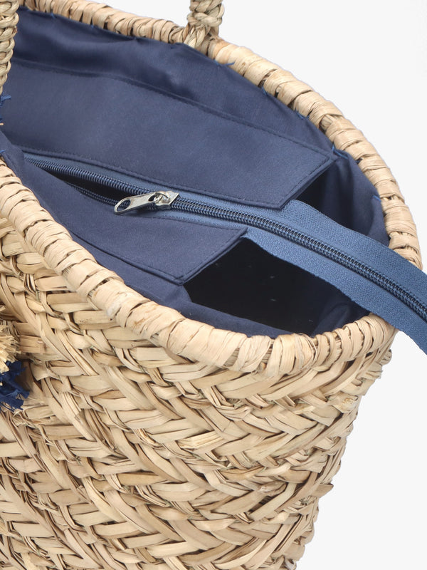 Beige & Blue Woven Straw Basket Shopper Bag