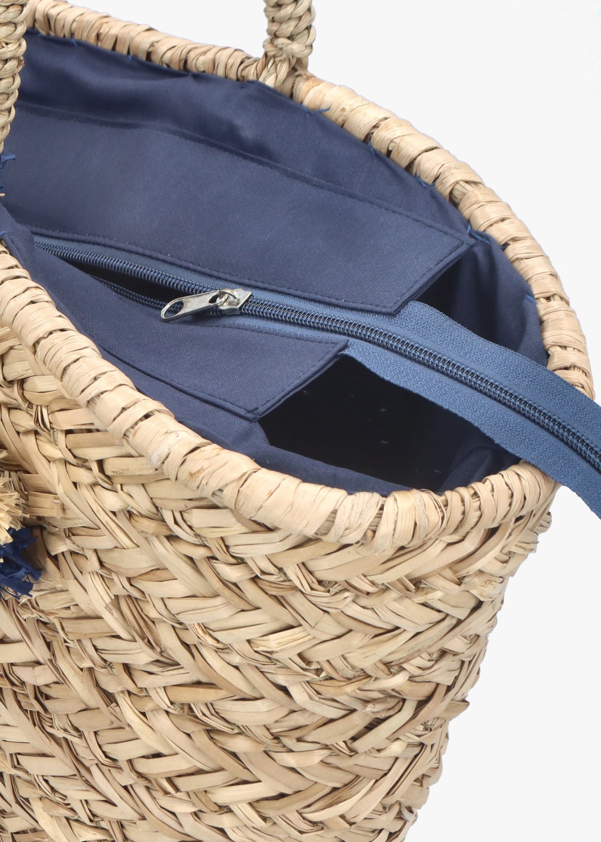 Beige & Blue Woven Straw Basket Shopper Bag